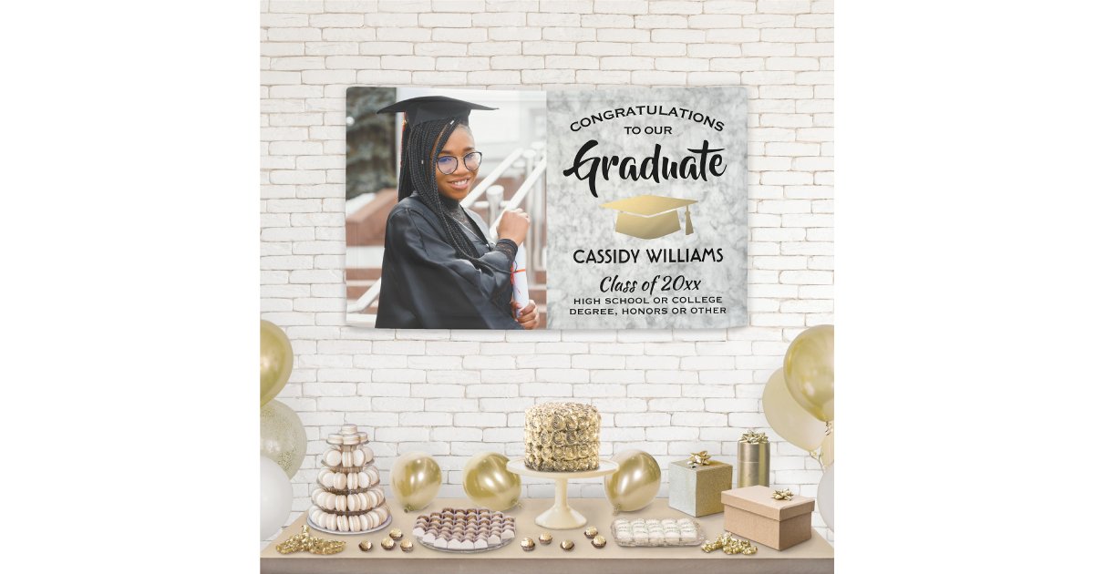 Congrats 1 Photo Marble Black and Gold Graduation Banner | Zazzle