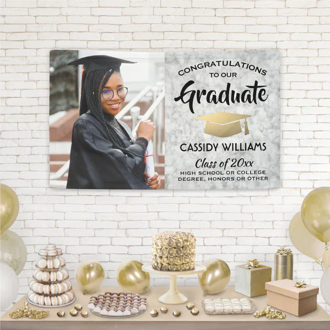 Congrats 1 Photo Marble Black and Gold Graduation Banner | Zazzle