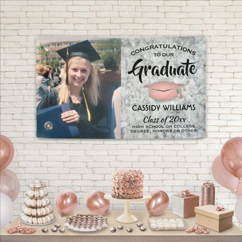 Congrats 1 Photo Marble Pink Rose Gold Graduation Banner