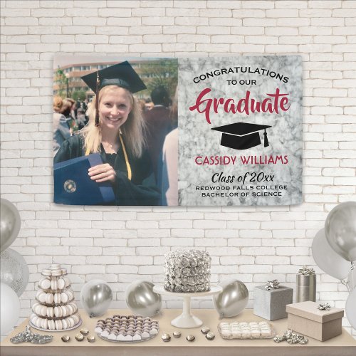 Congrats 1 Photo Marble Red White Black Graduation Banner
