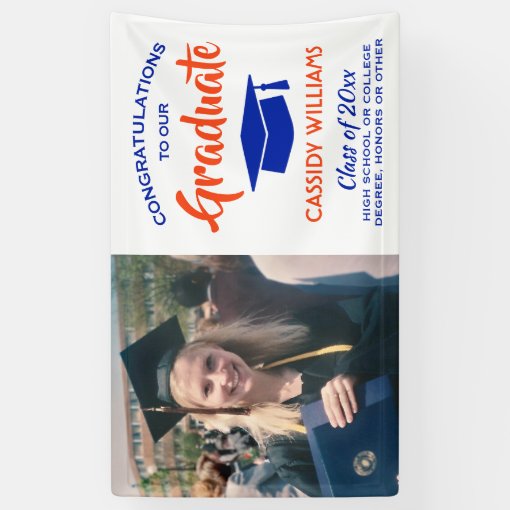 Congrats 1 Photo Modern Orange and Blue Graduation Banner | Zazzle