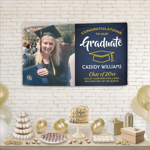 Congrats 1 Photo Navy Blue Gold Yellow Graduation Banner