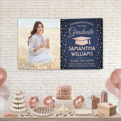 Congrats 1 Photo Navy Blue Pink Glitter Graduation Banner