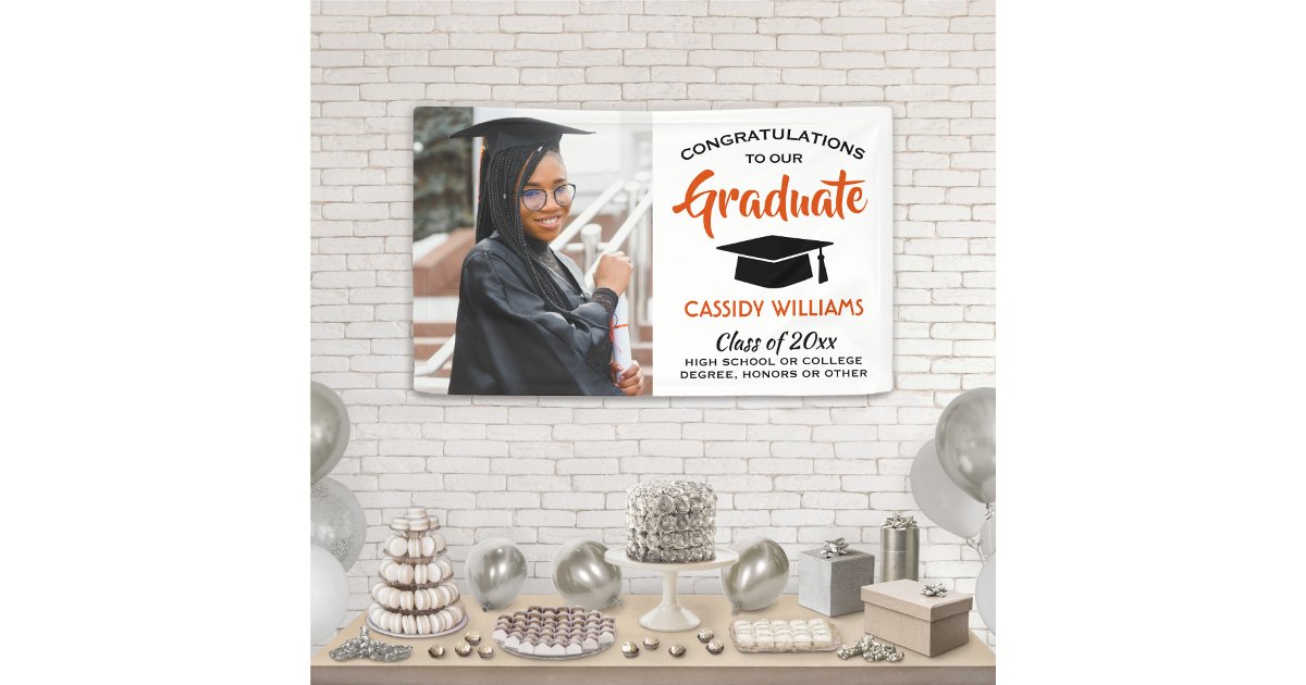 Congrats 1 Photo Orange Black and White Graduation Banner | Zazzle