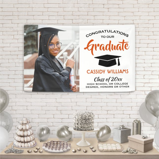 Congrats 1 Photo Orange Black and White Graduation Banner (Creator Uploaded)