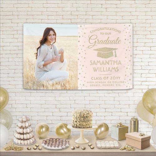Congrats 1 Photo Pink and Gold Glitter Graduation Banner