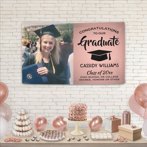 Congrats 1 Photo Pink Rose Gold  Black Graduation Banner