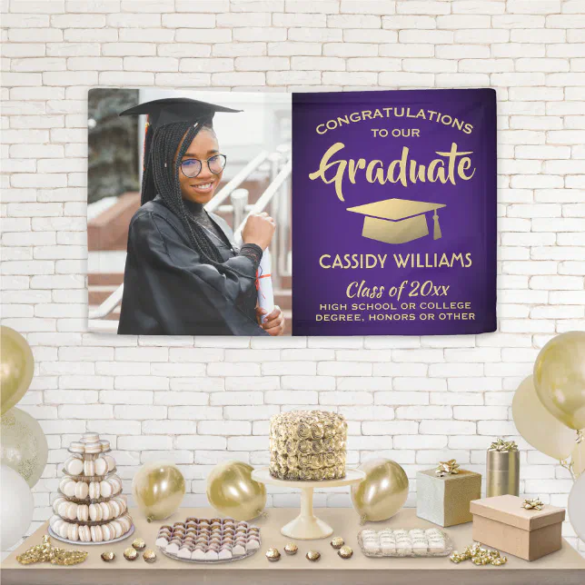 Congrats 1 Photo Purple and Gold Modern Graduation Banner | Zazzle
