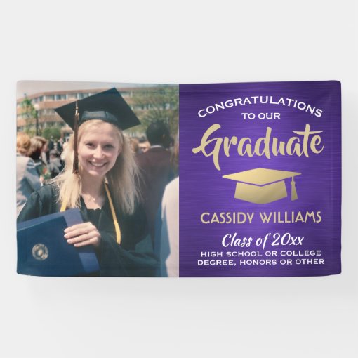 Congrats 1 Photo Purple Gold and White Graduation Banner | Zazzle