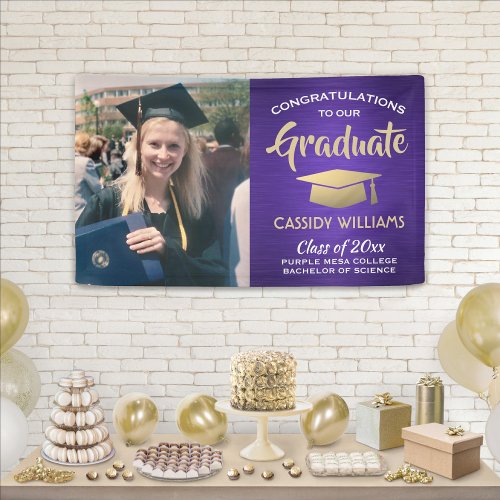 Congrats 1 Photo Purple Gold and White Graduation Banner