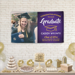 Congrats 1 Photo Purple Gold Yellow Graduation Banner