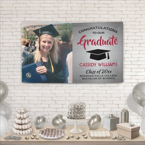 Congrats 1 Photo Red Gray Black Modern Graduation Banner