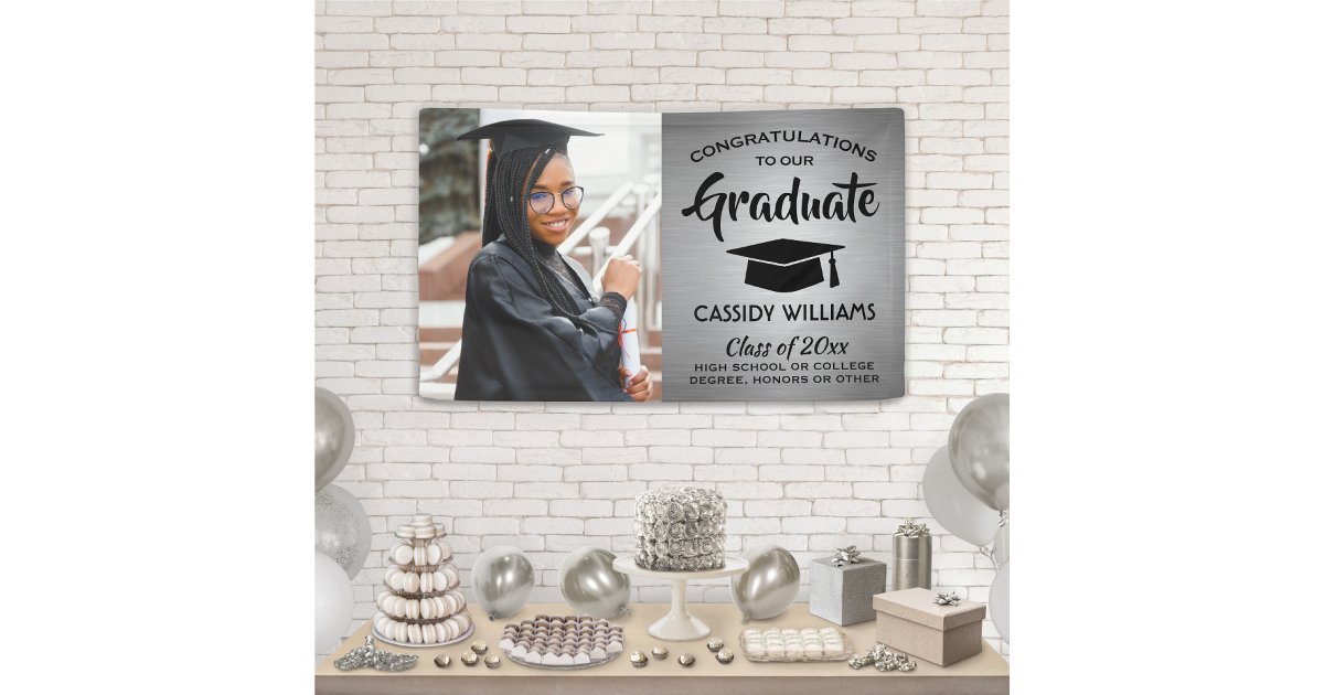 Congrats 1 Photo Silver & Black Modern Graduation Banner | Zazzle
