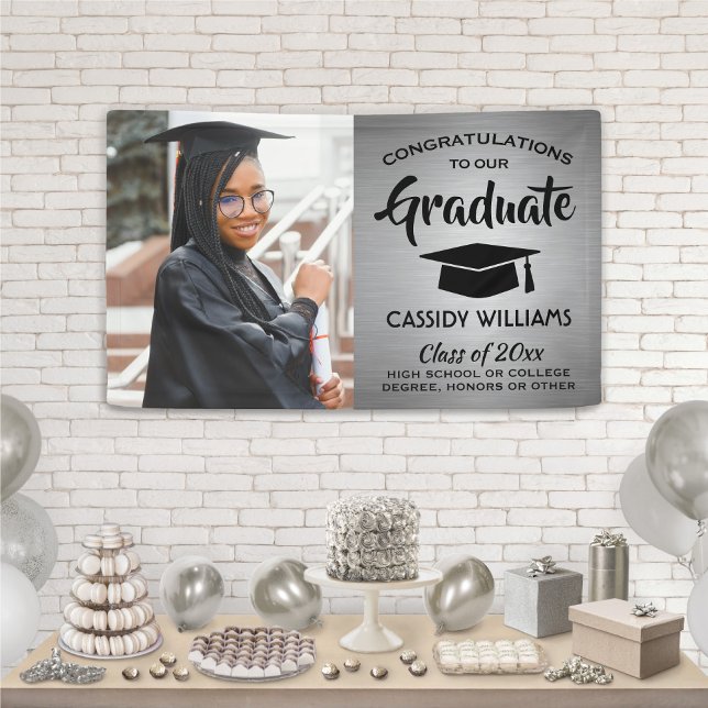 Congrats 1 Photo Silver & Black Modern Graduation Banner (Creator Uploaded)