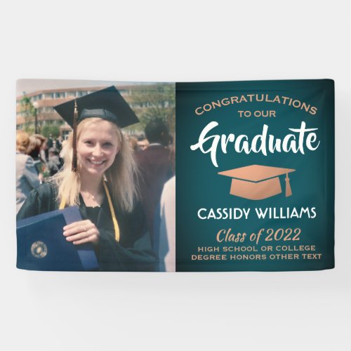 Congrats 1 Photo Teal and Faux Copper Graduation Banner - Add an elegant personalized touch to college or high school graduation party decorations with this custom photo teal, white and copper banner.  Design features a blue-green ombre background, faux foil mortar board cap, stylish modern typography, handwritten style script calligraphy, and one picture of the graduate, such as a senior picture or image from the commencement ceremony.  Please note that copper is a printed terracotta color, not metallic foil. This party sign is a stylish way to celebrate the special day. Congratulations to the graduate!