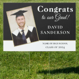 Congrats 2024 Grad Photo Name Black White Gold Sign