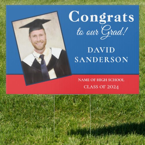 Congrats 2024 Grad Photo Name Blue Red Sign