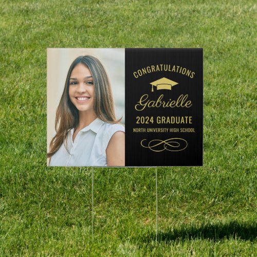 Congrats 2024 Graduate Elegant Black Gold Photo Sign