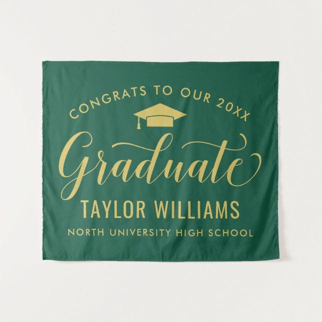Congrats 2026 Graduate Green Gold Graduation Tapestry (Front (Horizontal))