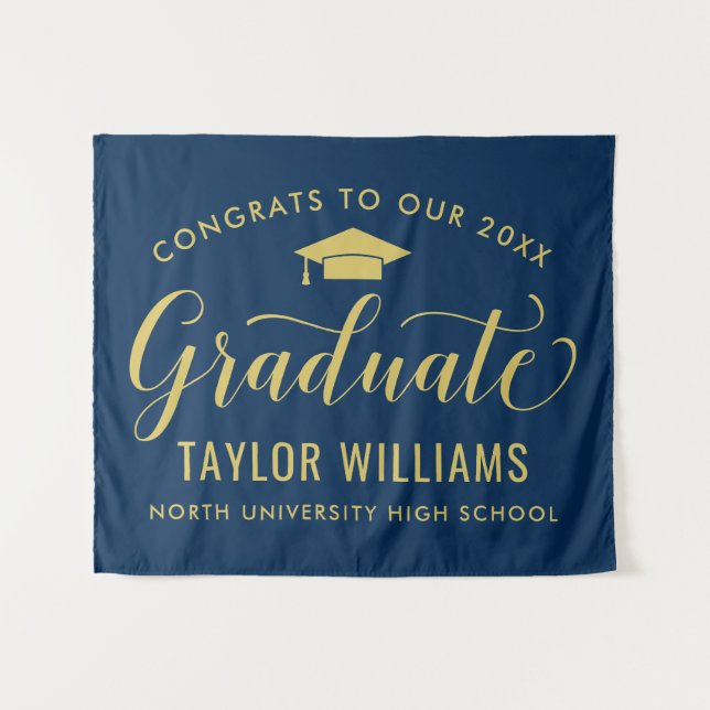 Congrats 2026 Graduate Navy Gold Graduation Tapestry (Front (Horizontal))