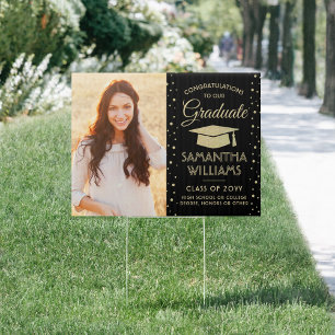 Congrats 2 Photo Black and Gold Glitter Graduation Sign