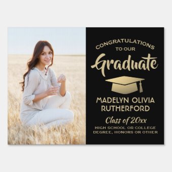 Congrats 2 Photo Black and Gold Graduation Yard Sign | Zazzle