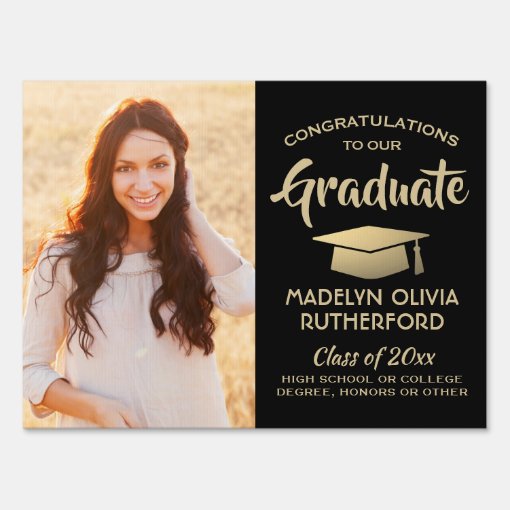 Congrats 2 Photo Black and Gold Graduation Yard Sign | Zazzle