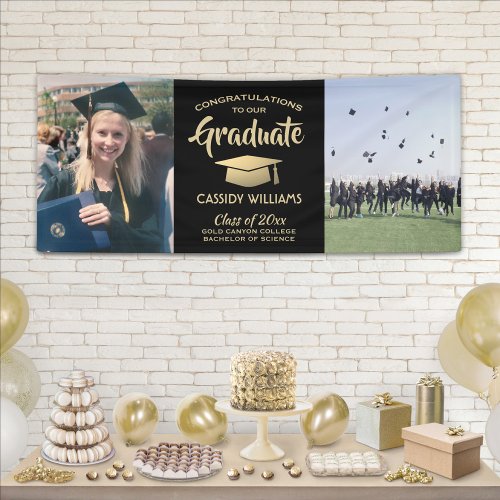 Congrats 2 Photo Black and Gold Modern Graduation Banner