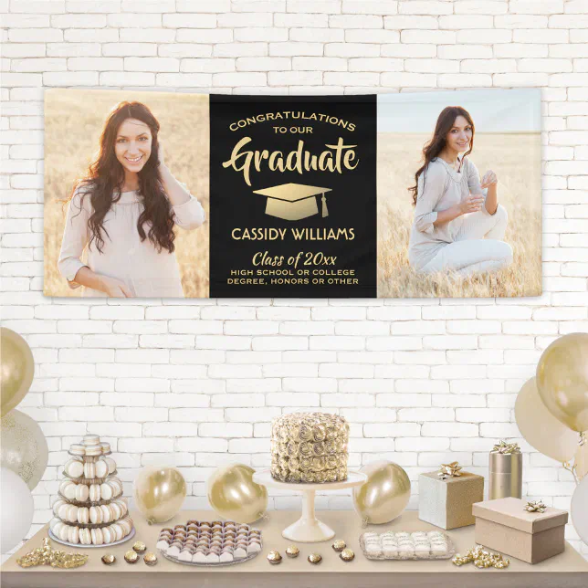 Congrats 2 Photo Black and Gold Modern Graduation Banner | Zazzle
