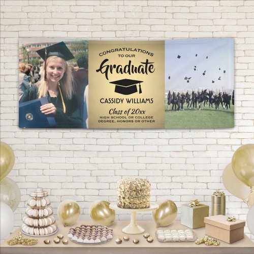 Congrats 2 Photo Black  Gold Faux Foil Graduation Banner