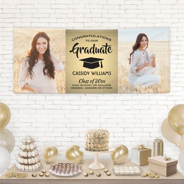 Congrats 2 Photo Black & Gold Faux Foil Graduation Banner (Creator Uploaded)