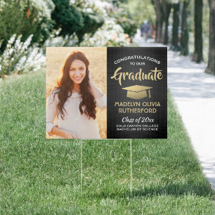 Congrats 2 Photo Black Gold White Graduation Yard Sign