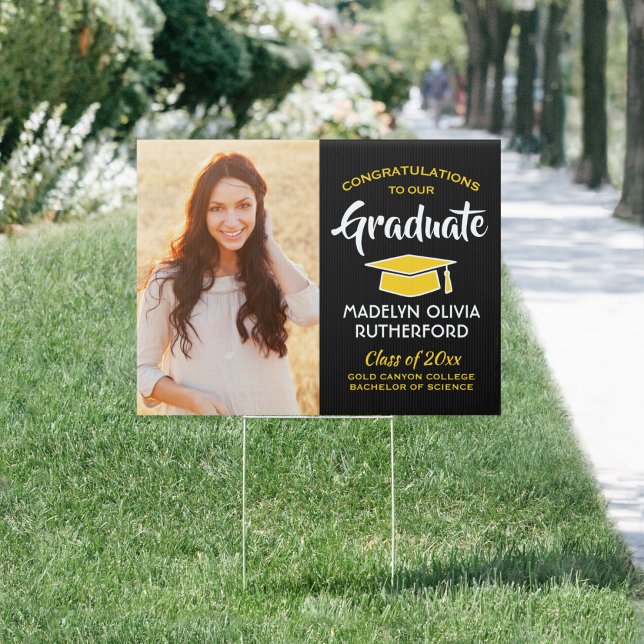Congrats 2 Photo Black Gold Yellow Graduation Yard Sign (Creator Uploaded)