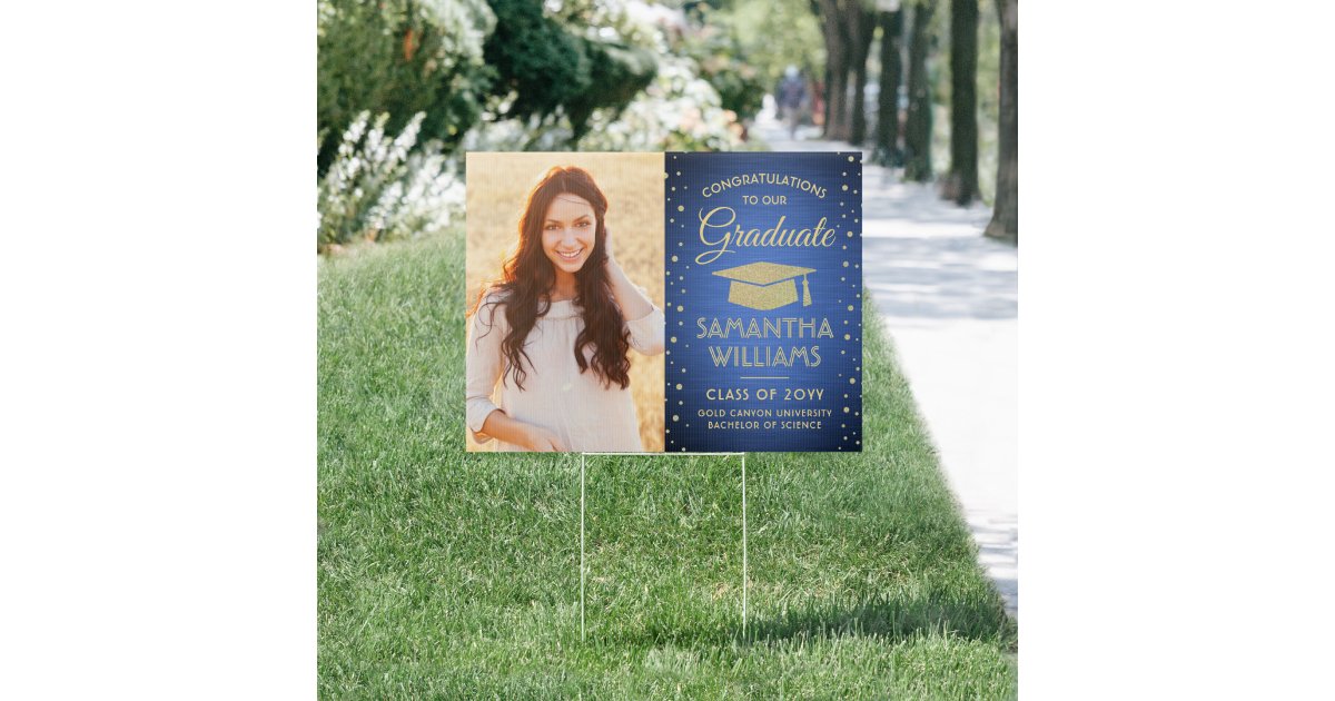 Congrats 2 Photo Blue Gold Glitter Graduation Yard Sign | Zazzle
