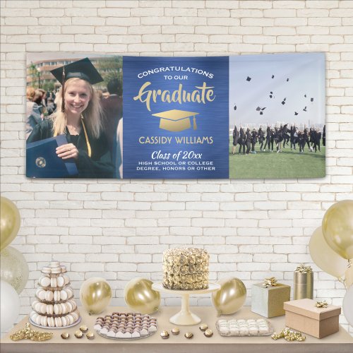 Congrats 2 Photo Blue Gold White Modern Graduation Banner