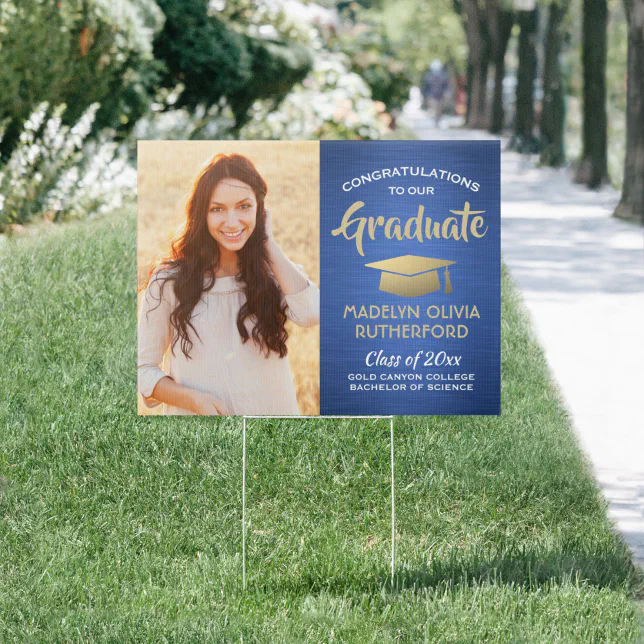 Congrats 2 Photo Brushed Blue Gold Graduation Yard Sign | Zazzle