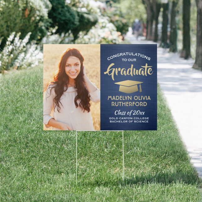 Congrats 2 Photo Brushed Navy Gold Graduation Yard Sign (Creator Uploaded)