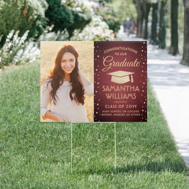 Congrats 2 Photo Burgundy Gold Glitter Graduation Sign (Creator Uploaded)