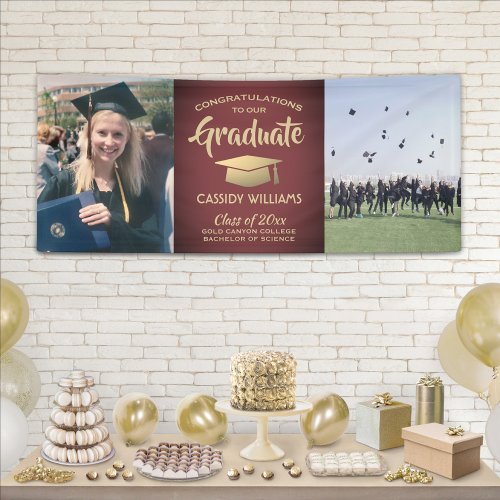 Congrats 2 Photo Burgundy Red and Gold Graduation Banner
