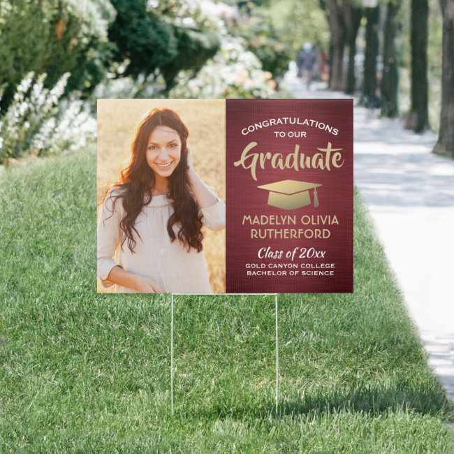 Congrats 2 Photo Burgundy Red Gold Graduation Yard Sign