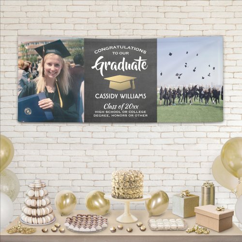 Congrats 2 Photo Chalkboard Black Gold Graduation Banner