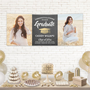Congrats 2 Photo Chalkboard Black Gold Graduation Banner