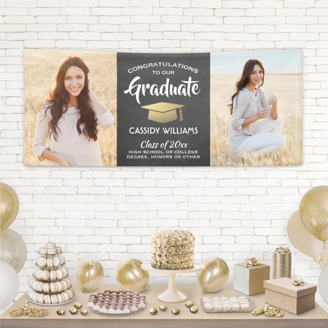 Congrats 2 Photo Chalkboard Black Gold Graduation Banner | Zazzle
