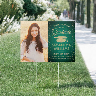 Congrats 2 Photo Green and Gold Glitter Graduation Sign