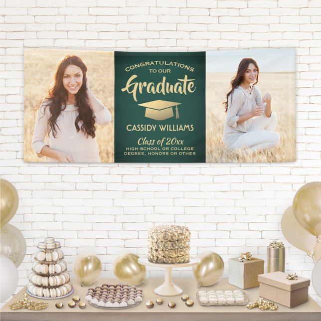 Congrats 2 Photo Green and Gold Modern Graduation Banner (Creator Uploaded)
