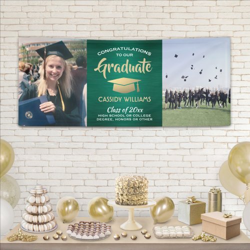 Congrats 2 Photo Green Gold and White Graduation Banner