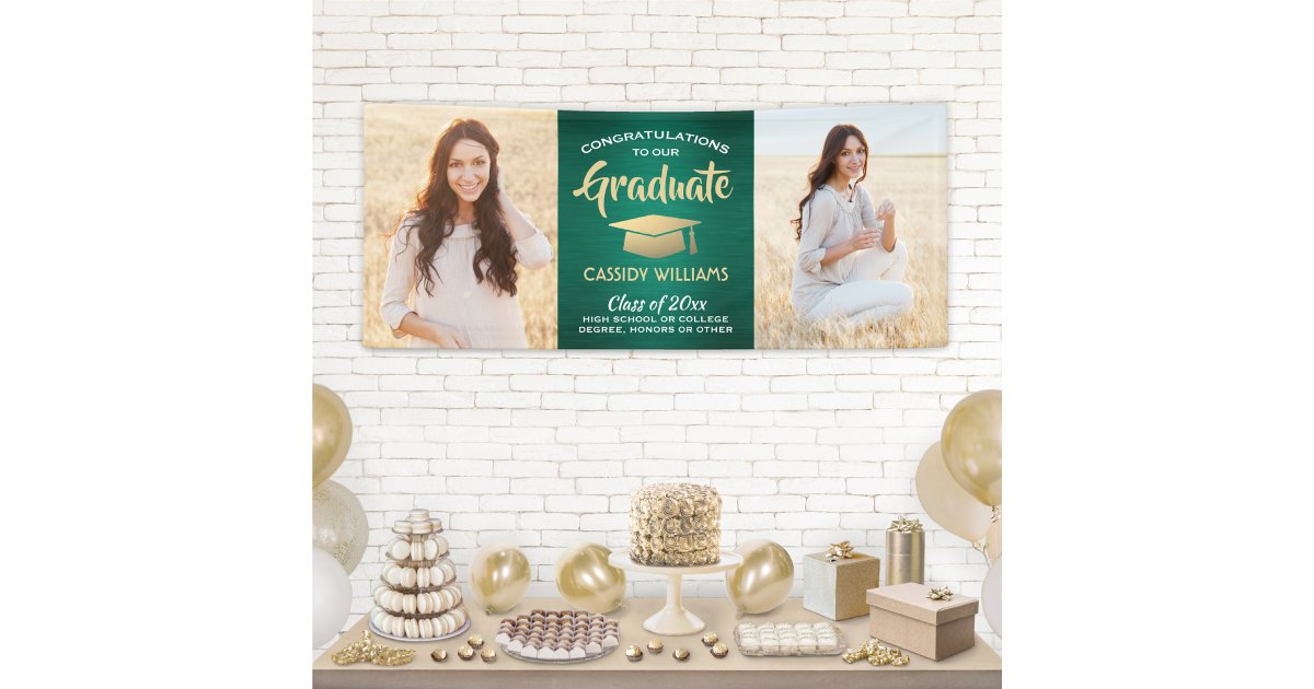 Congrats 2 Photo Green Gold and White Graduation Banner | Zazzle