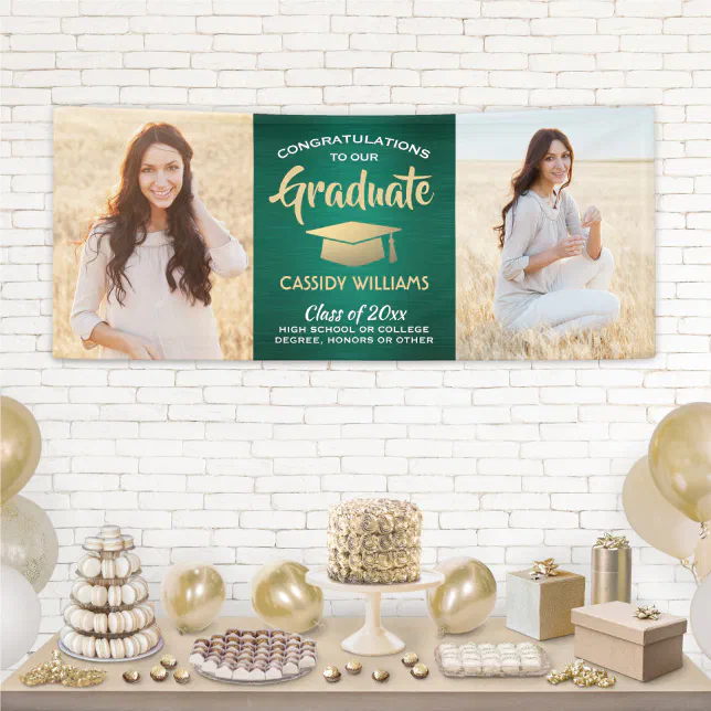 Congrats 2 Photo Green Gold and White Graduation Banner | Zazzle