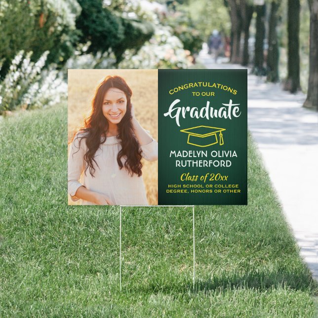 Congrats 2 Photo Green Gold Yellow Graduation Yard Sign (Creator Uploaded)