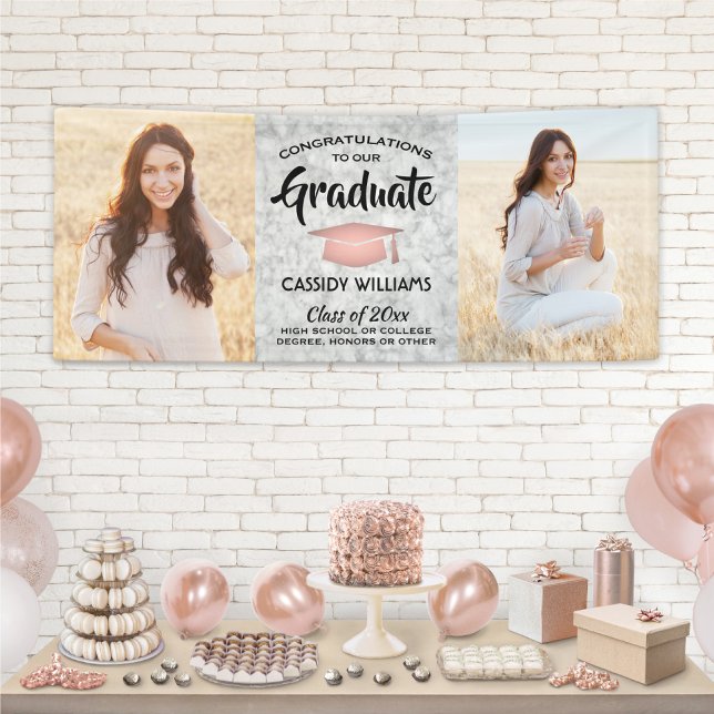 Congrats 2 Photo Marble Pink Rose Gold Graduation Banner (Creator Uploaded)